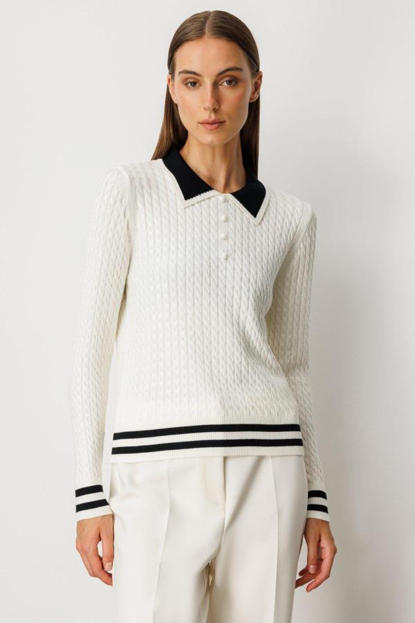 On Kadın Polo Yaka Örgü Desenli Triko Kazak 65332 Ekru - Image 1