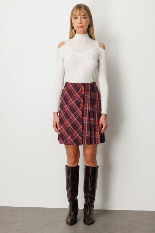 Ekol Kadın Pilise Detaylı Mini Etek 2049 Bordo - Image 1