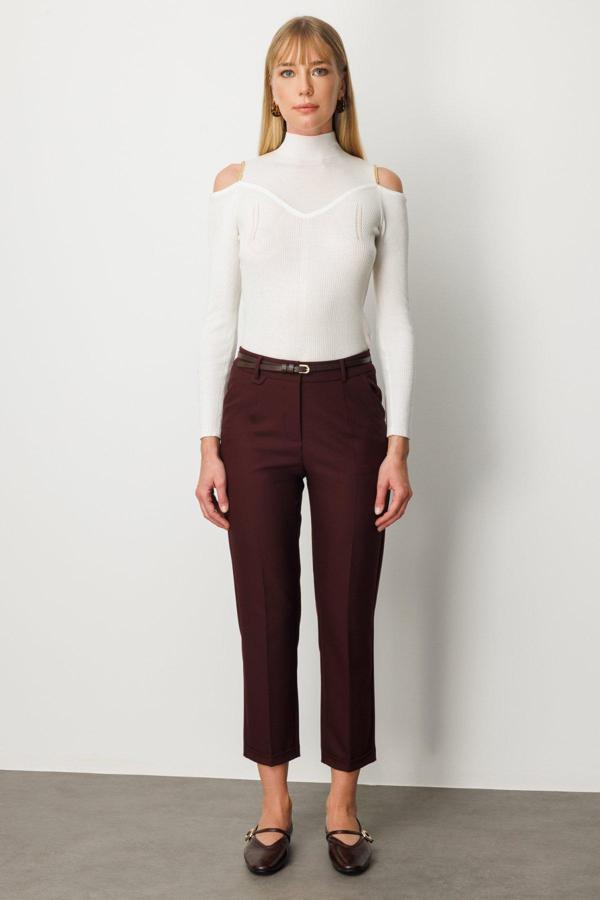 Ekol Kadın Duble Paça Kemerli Pantolon 1003 Bordo - Image 1