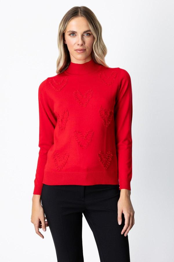 On Kadın Püsküllü Kalp Detaylı Dik Yaka Kazak 65325 Kırmızı - Image 1