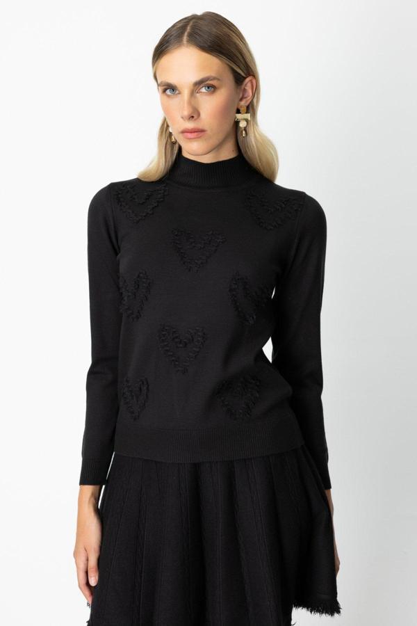 On Kadın Püsküllü Kalp Detaylı Dik Yaka Kazak 65325 Siyah - Image 1