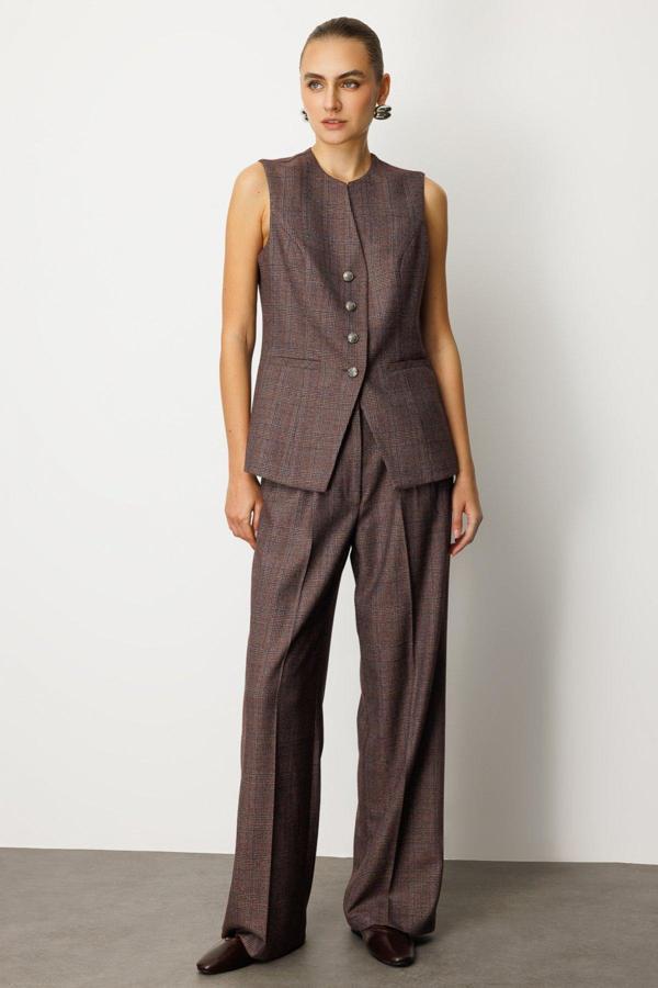 Ekol Kadın Ekoseli Bol Paça Pantolon 5167 Bordo - Image 1