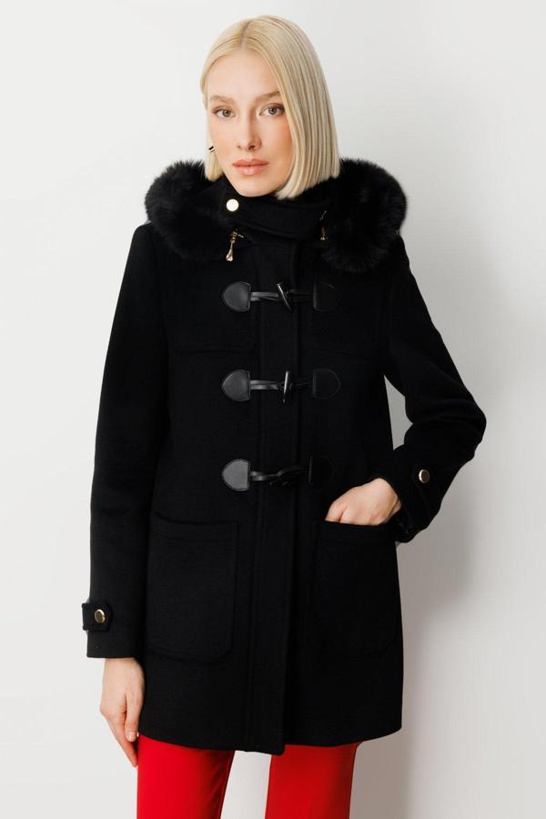 Ekol Kadın Yakası Kürklü Kapüşonlu Kaban 6015 Siyah - Image 1