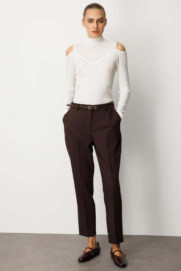 Ekol Kadın Beli Kemerli Dar Paça Pantolon 1013 Kahverengi - Image 1