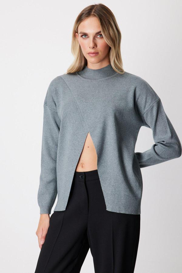 On Kadın Dik Yaka Asimetrik Kesim Triko Kazak 65343 Gri - Image 1