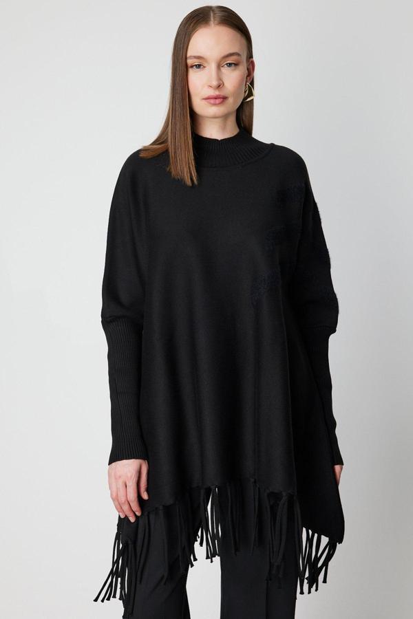 On Kadın Püskül Detaylı Panço 65910 Siyah - Image 1