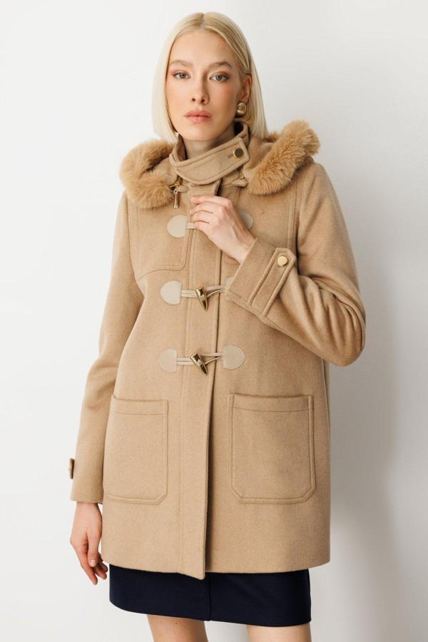 Ekol Kadın Yakası Kürklü Kapüşonlu Kaban 6015 Camel - Image 1