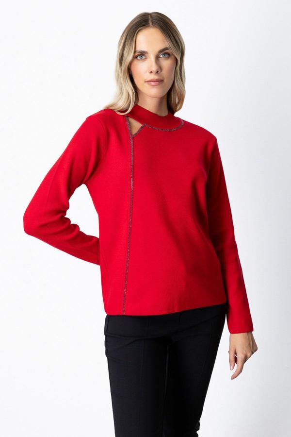 On Kadın Pencere Detaylı Taşlı Kazak 65372 Kırmızı - Image 1