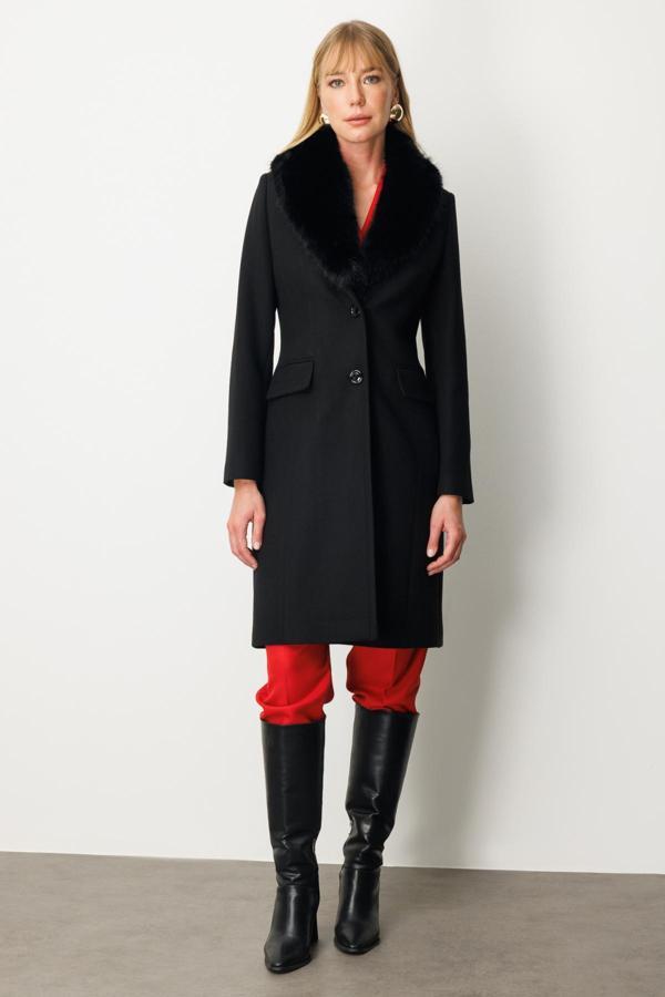 Ekol Kadın Yakası Kürklü Kapak Cepli Kaban 6065 Siyah - Image 1