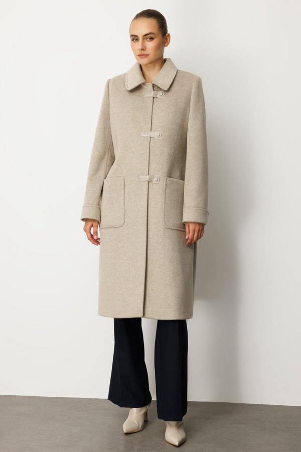 Ekol Kadın Deri Çıtçıtlı Torba Cepli Kaban 6075 Vizon - Image 1