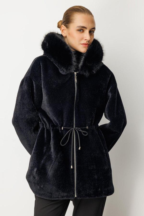 Ekol Kadın Kapüşonlu Peluş Kaban 6029 Siyah - Image 1