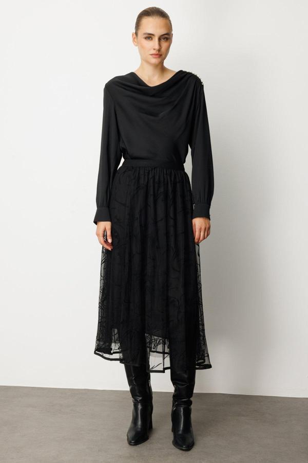 Ekol Kadın Kadife Desenli Tül Etek 2401 Siyah - Image 1