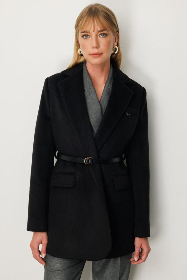 Ekol Kadın Beli Kemerli Kapak Cepli Kaban 6011 Siyah - Image 1