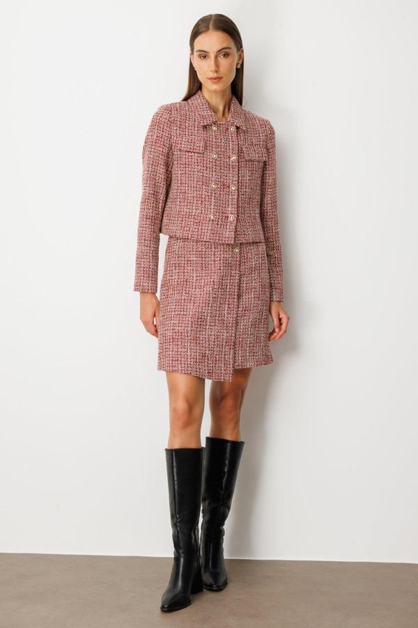 Ekol Kadın Süs Düğmeli Mini Tüvit Etek 5047 Kırmızı - Image 1