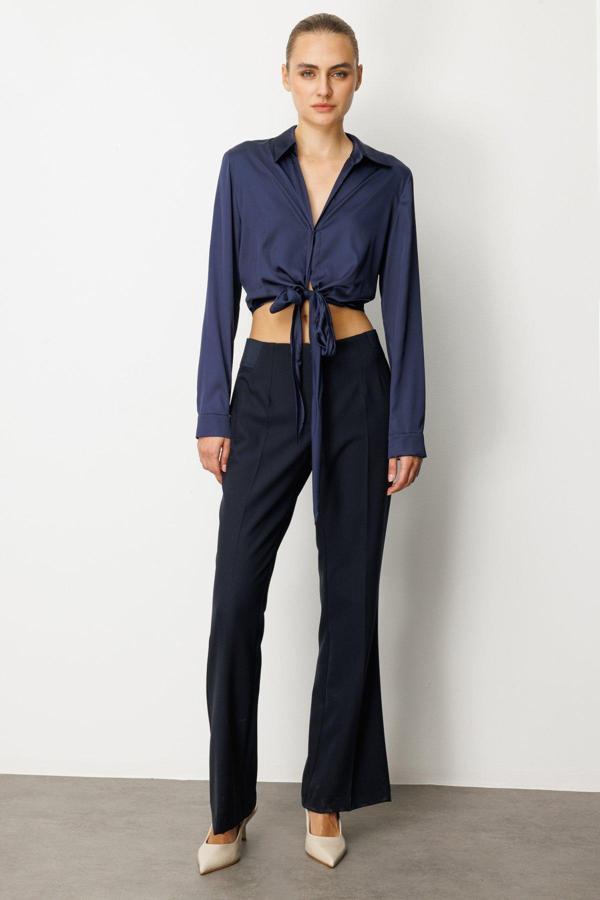 Ekol Kadın Beli Kalın Lastikli İspanyol Paça Pantolon 1105 Lacivert - Image 1