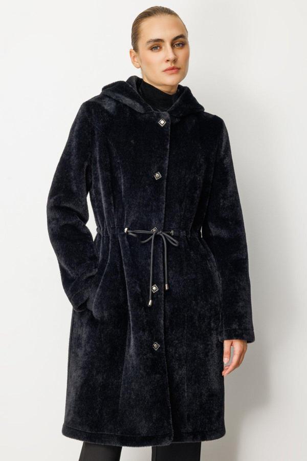 Ekol Kadın Beli İpli Peluş Kaban 6077 Siyah - Image 1