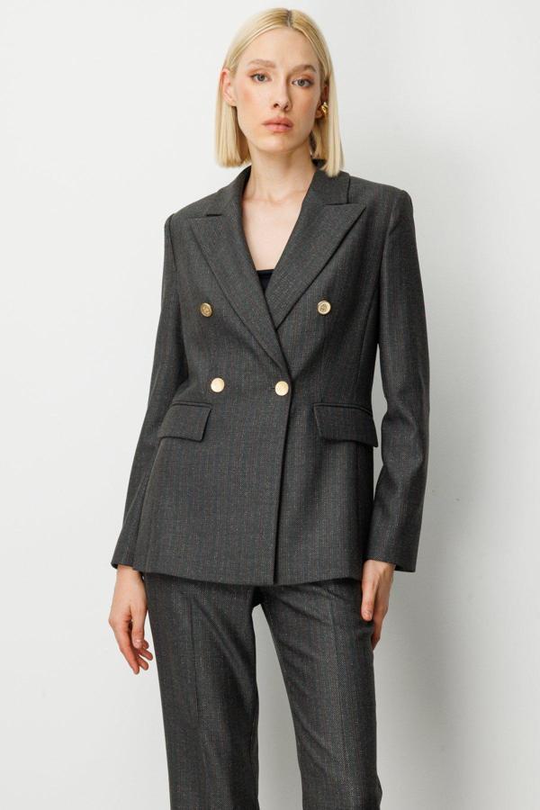 Ekol Kadın Kruvaze Yaka Çizgi Desenli Ceket 5107 Siyah - Image 1