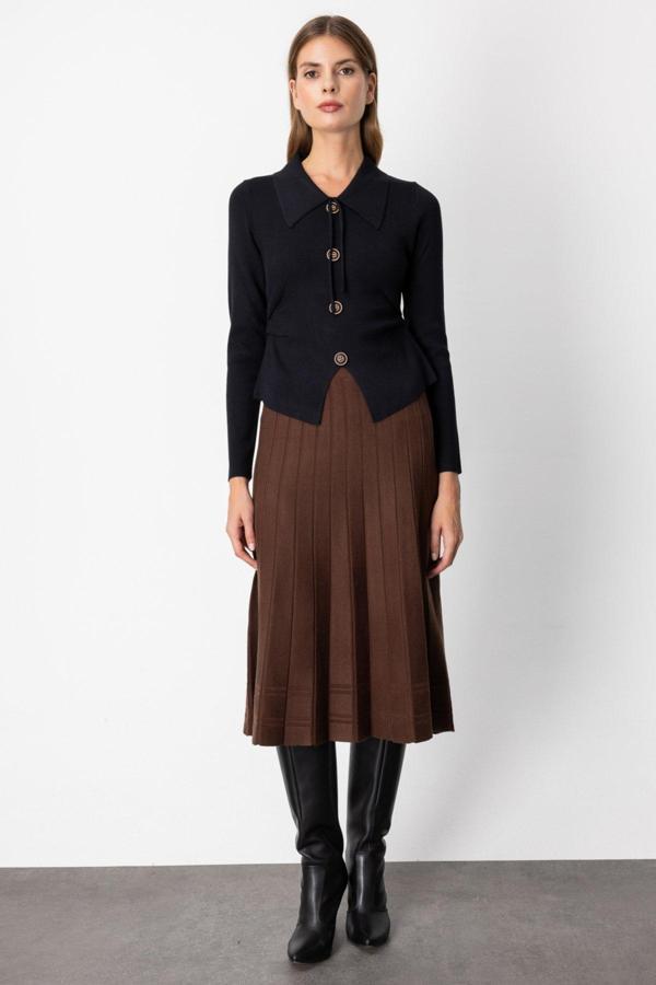 On Kadın Pileli Midi Boy Triko Etek 60201 Kahverengi - Image 1