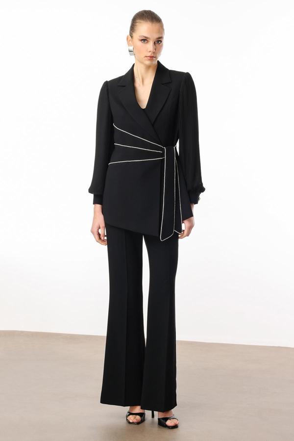 Moda İlgi Kadın Kolları Piliseli Şerit Aksesuarlı Ceket 5008 Siyah - Image 1