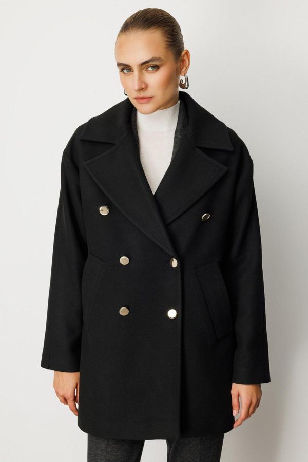 Ekol Kadın Kruvaze Yaka Yan Cepli Kaban 6093 Siyah - Image 1