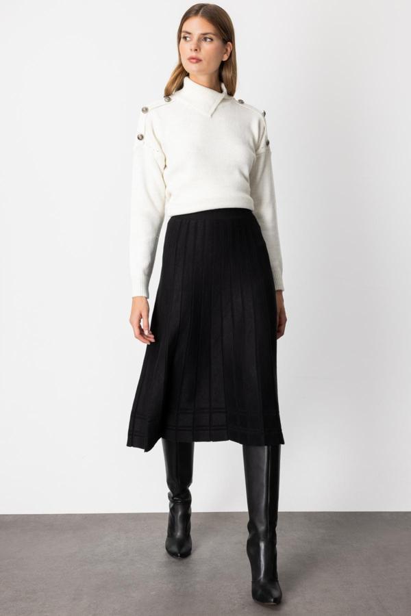 On Kadın Pileli Midi Boy Triko Etek 60201 Siyah - Image 1