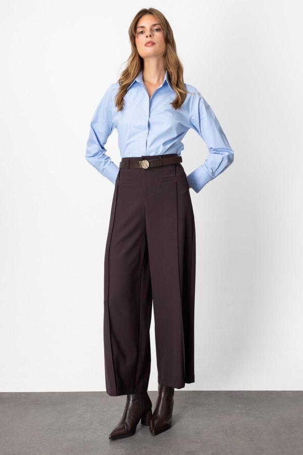 On Kadın Beli Kemerli Bol Paça Pantolon 64133 Kahverengi - Image 1