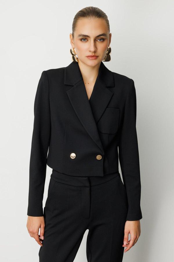 Ekol Kadın Kruvaze Yaka Crop Ceket 5029 Siyah - Image 1