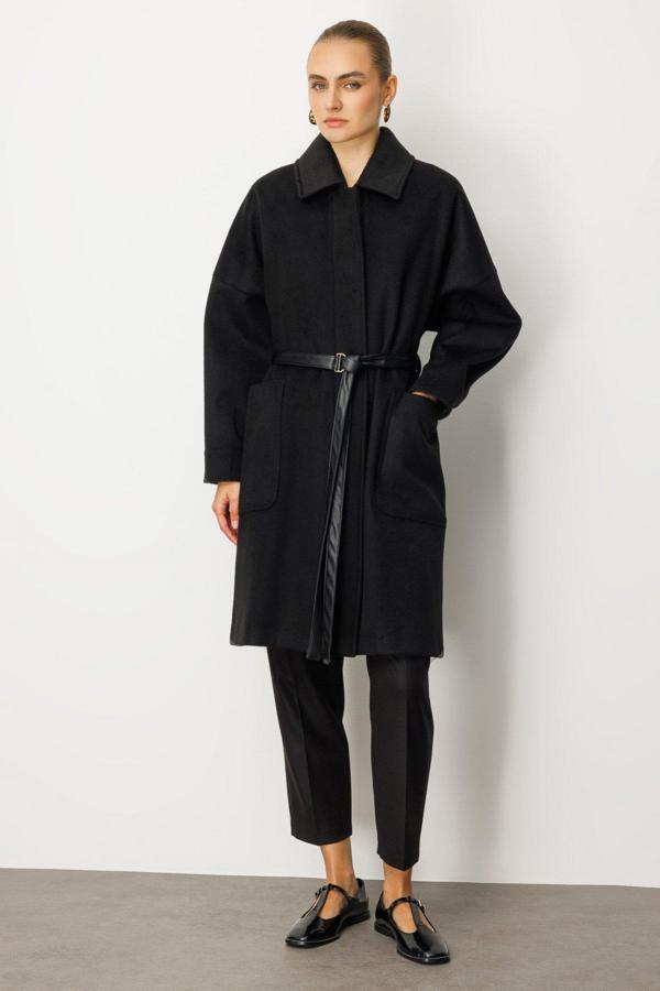 Ekol Kadın Deri Kemerli Torba Cepli Kaban 6045 Siyah - Image 1