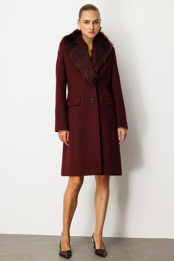 Ekol Kadın Yakası Kürklü Kapak Cepli Kaban 6065 Bordo - Image 1