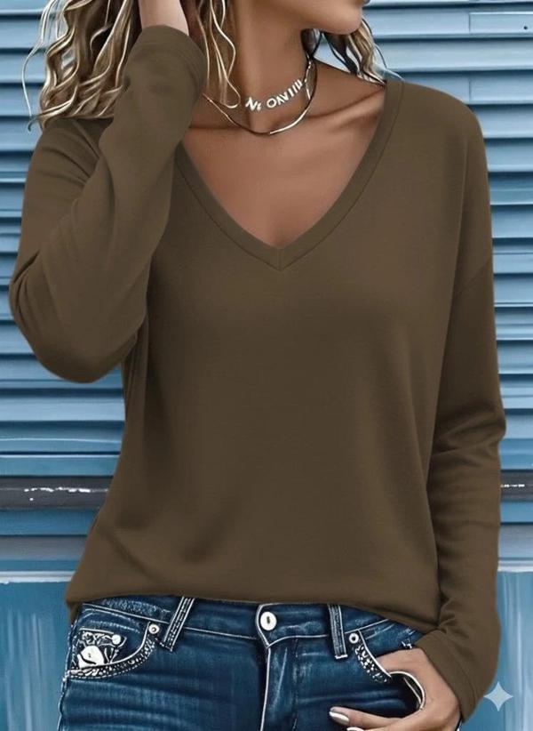 MDB Kadın Uzun Kollu V Yakalı Viskon Iki Iplik Bluz - Image 1