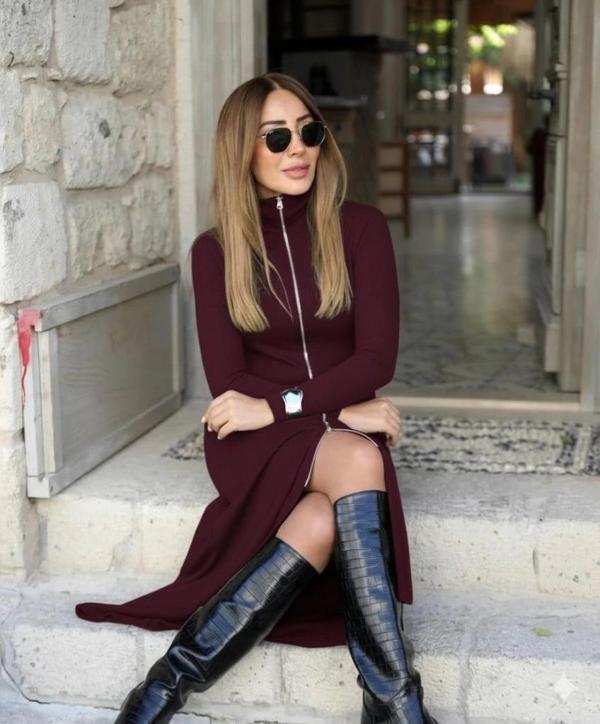 MDB Kadın Uzun Kollu önden Fermuarlı Maxi Viskon Iki Iplik Elbise - Image 1