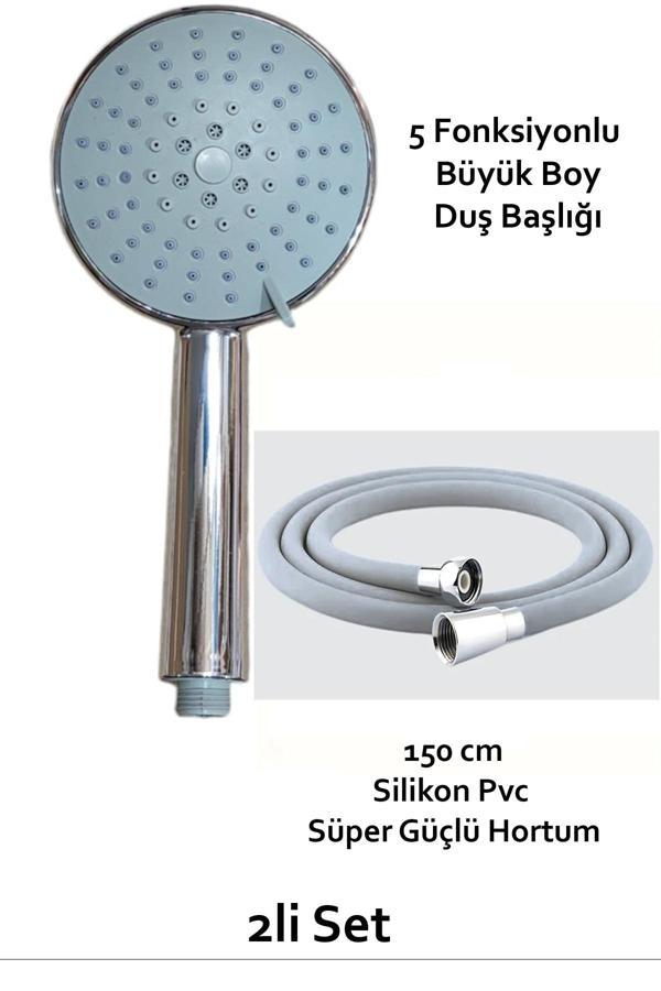 Plodna House 5 Fonksiyonlu Büyük Duş Başlığı & Silikonlu Kopmaz Pastlamaz 150 Cm Hortum Seti - Image 1