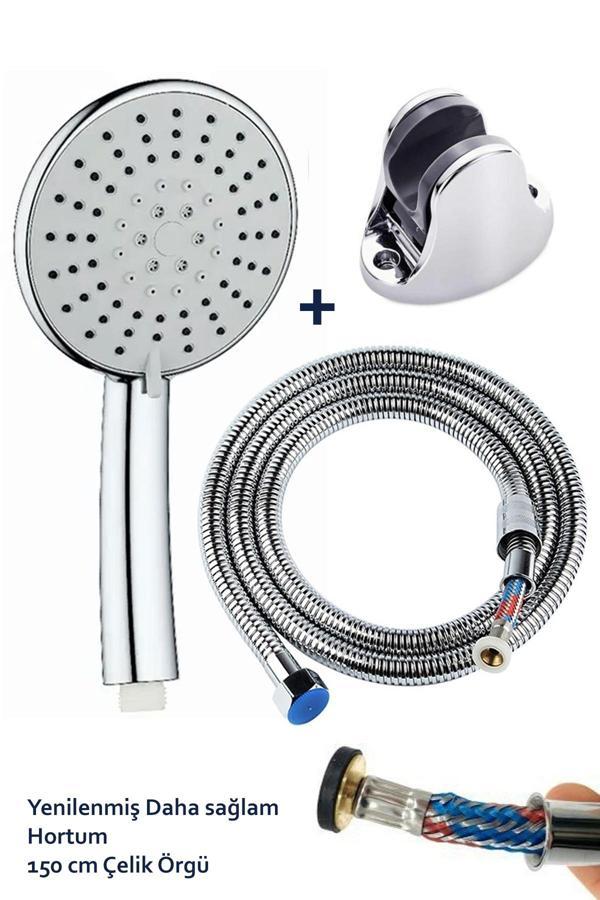 Plodna House Kaliteli 5 Fonksiyonlu Büyük Boy Krom Duş Başlığı 150Cm Örgülü Hortumlu Mafsallı Duş Seti - Image 1