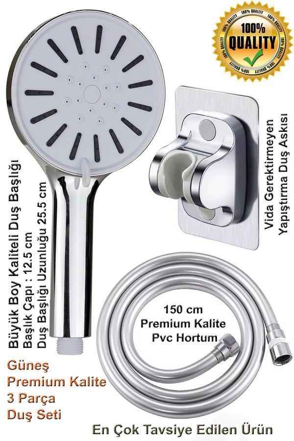 Plodna House Tayzikli 5 Fonksiyonlu Duş Başlığı + 150 Cm Dayanıklı Pvc Hortum + Yapışkanlı Mafsallı Duş Askısı - Image 1