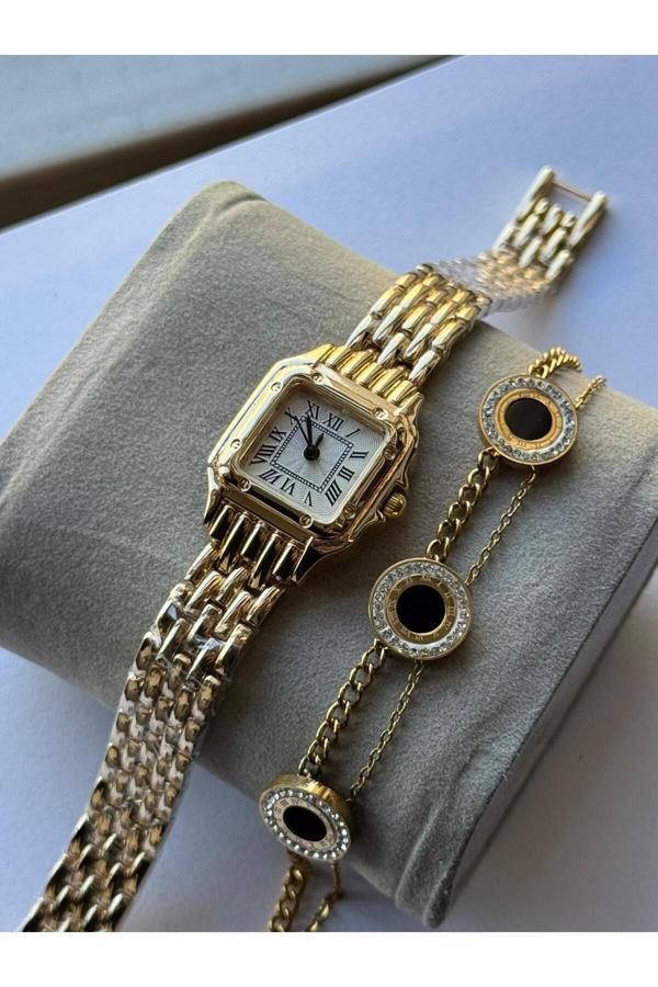 Captiva Gold Renk Metal Köşeli Roman Rakamlı Kol Saati Ve Çelik Bileklik - Image 1