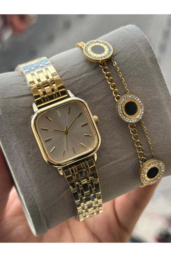 Captiva Gold Renk Kare Çelik Kapalı Kordon Kadın Kol Saati Ve Çelik Bileklik - Image 1
