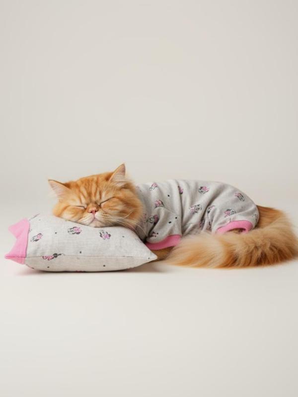 Pembe Minnie Kedi Uyku Seti | Penye Kedi Tulum ve Mini Yastık Takımı | Pamuklu | Tüy Dökülmesini Azaltır |  - Image 1