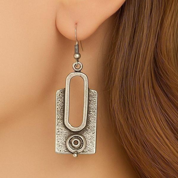 Dikdörtgen Formlu Dokulu Şekilli Kadın Küpe Çift Adet Gümüş Kaplama El Yapımı Küpe - Image 1