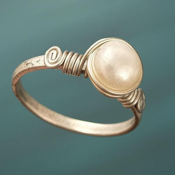 İncili Kadın Yüzük Gümüş Kaplama Ayarlanabilir El Yapımı Kadın Yüzük - Image 1