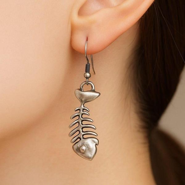 Balık İskeleti Şekilli Kadın Küpe Çift Adet Gümüş Kaplama El Yapımı Küpe - Image 1