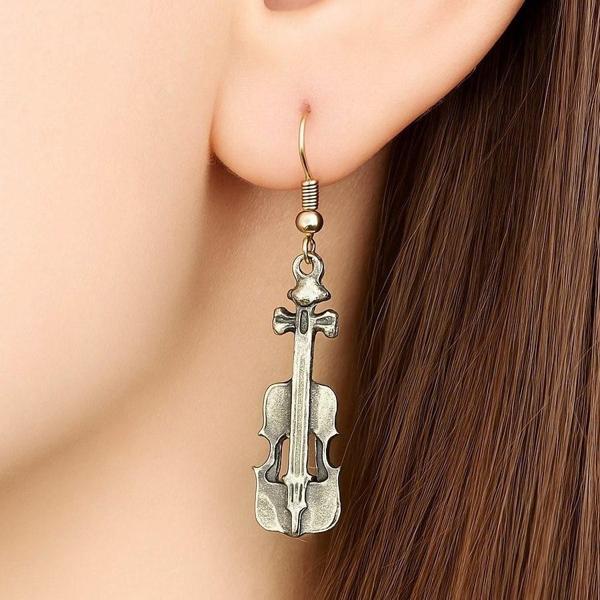 Keman Şekilli Kadın Küpe Çift Adet Gümüş Kaplama El Yapımı Küpe - Image 1