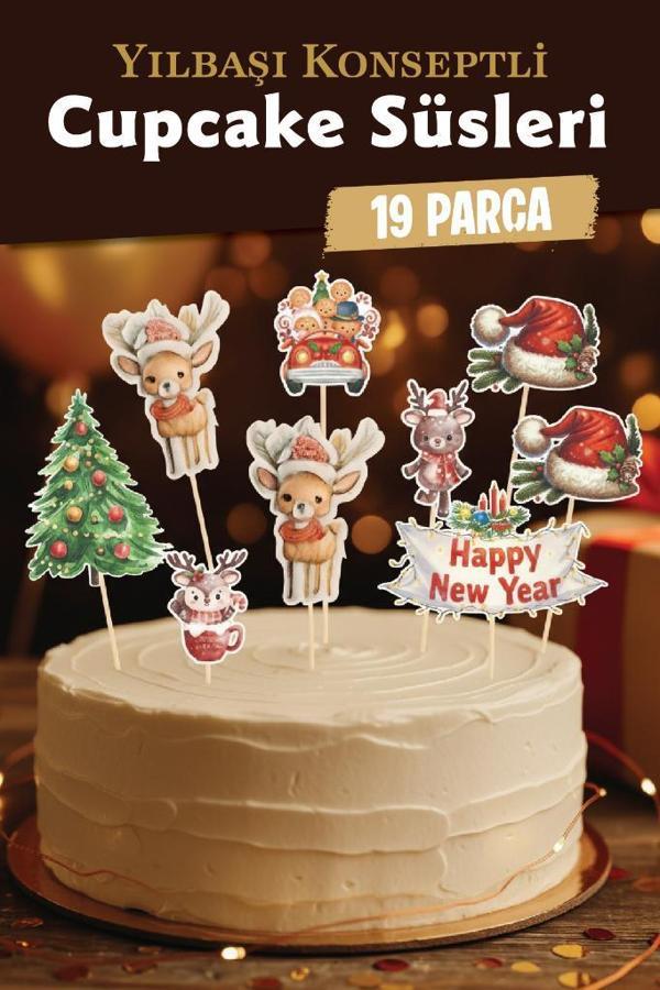 Yılbaşı Yeni Yıl Kış Temalı Cupcake Süsü Kürdan Süsleri Lüks Büyük Boy 19 lu Paket Pasta-T1519 - Image 1