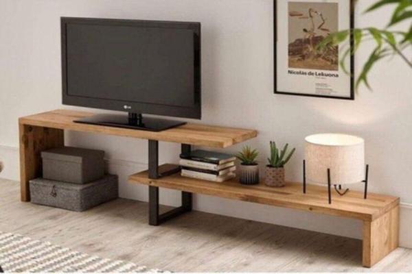 Umutpark metal ayaklı masif ahşap çam panel iki katlı tv ünitesi. - Image 1