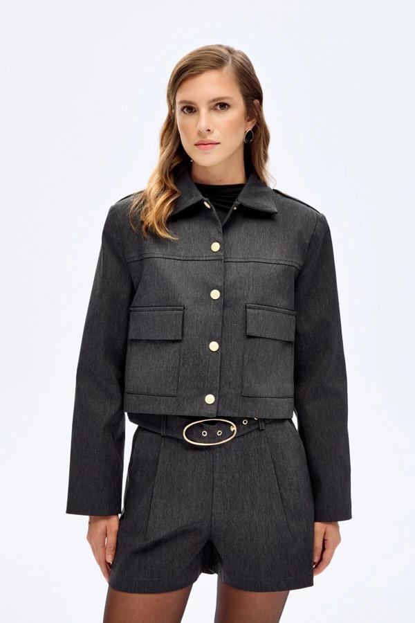 Quzu Apolet Detaylı Kadın Crop Ceket - Image 1