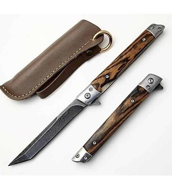 Kamp ve Outdoor Kullanıma Uygun Damascus İşlemeli Katlanır Çakı – Doğal Ağaç Saplı El Yapımı Bıçak - Image 1