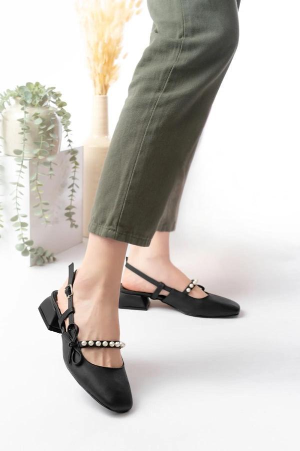 Papuç Sepeti HÇ150 Kadın İnci Fiyonklu 4,5 Cm Topuklu Ayakkabı - Image 1