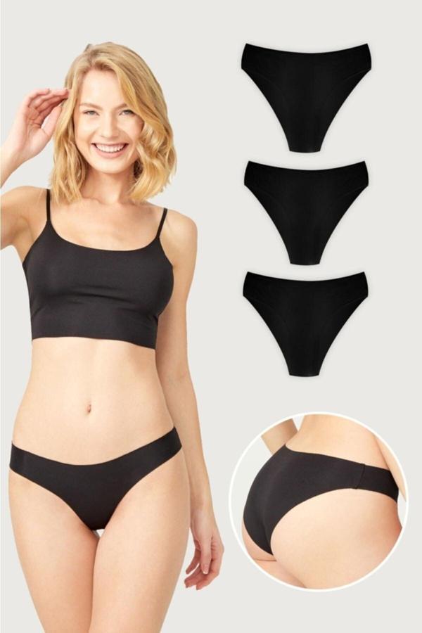 Gecko Collection Gecko Kadın Bikini Lazer Kesim Iz Yapmaz,Görünmez,Yumuşak.,İç Giyim Külot 3'Lü Siyah - Image 1