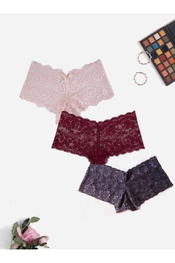 Yok Yok Collection Gecko Dantelli Şort Boxer Fantazi Kadın Külot 3 Adet - Image 1
