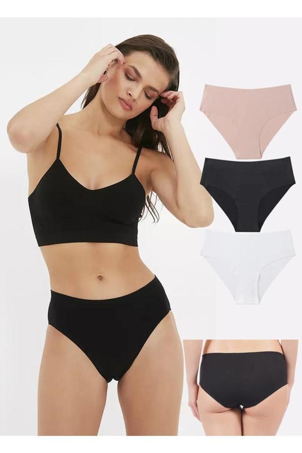 Gecko Collection Yokyok Gecko Toparlayıcı Lazer Kesim Dikişsiz Esnek Iz Yapmayan Iç Giyim 3 Lü Külot Siyah/Beyaz/Ten - Image 1