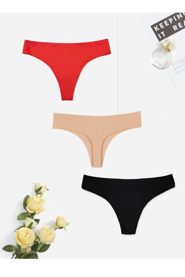 Gecko Collection Tanga Siyah Kırmızı Ten Lazer Kesim Dikişsiz Iz Yapmaz Kadın Külot 3 Adet - Image 1